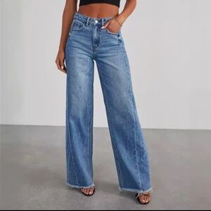 Relaxed Wide Leg Side Seam Frayed Hem Jeans